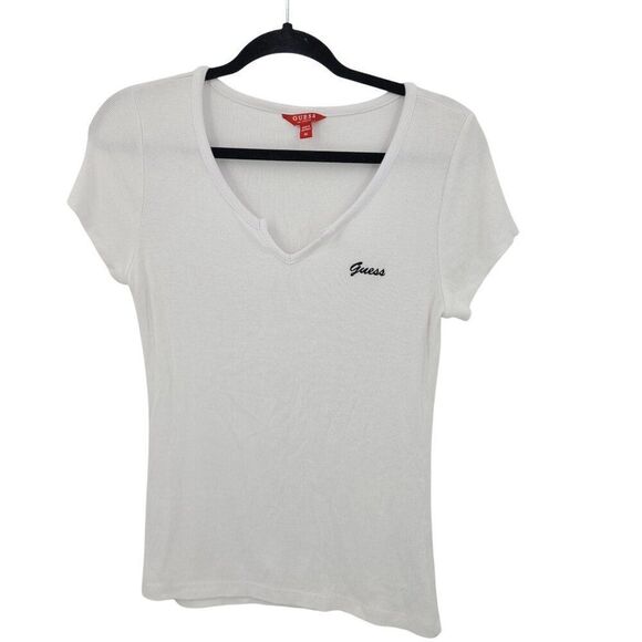 Y2K Guess White Ribbed Womens Short Sleeve V-neck Top Sz M Black Logo Stretch - Picture 14 of 14